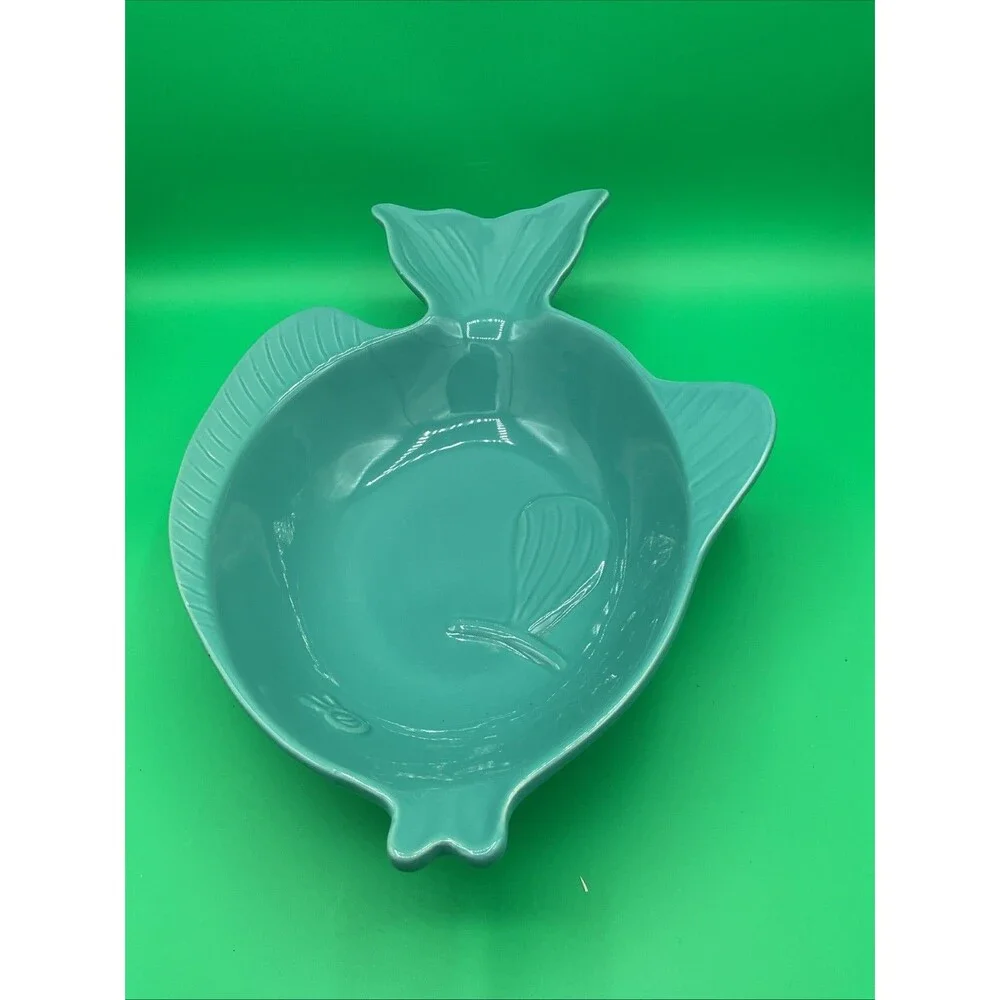 Ceramic Stoneware,TURQUOISE color 14”x 10”x 3.25” Fish Serving Tray,EUC